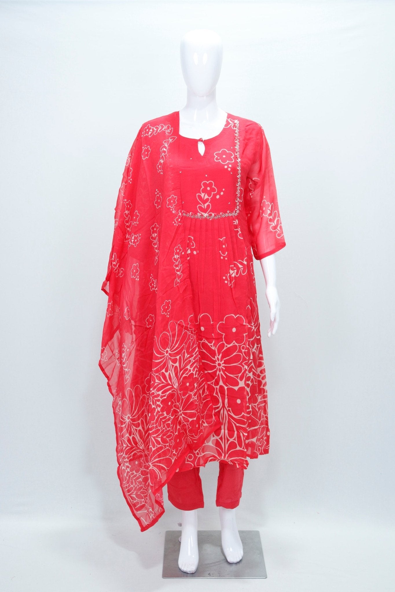 Bright Red Bandhani Printed Georgette Suit Set with Dupatta - Mangaldeep NX