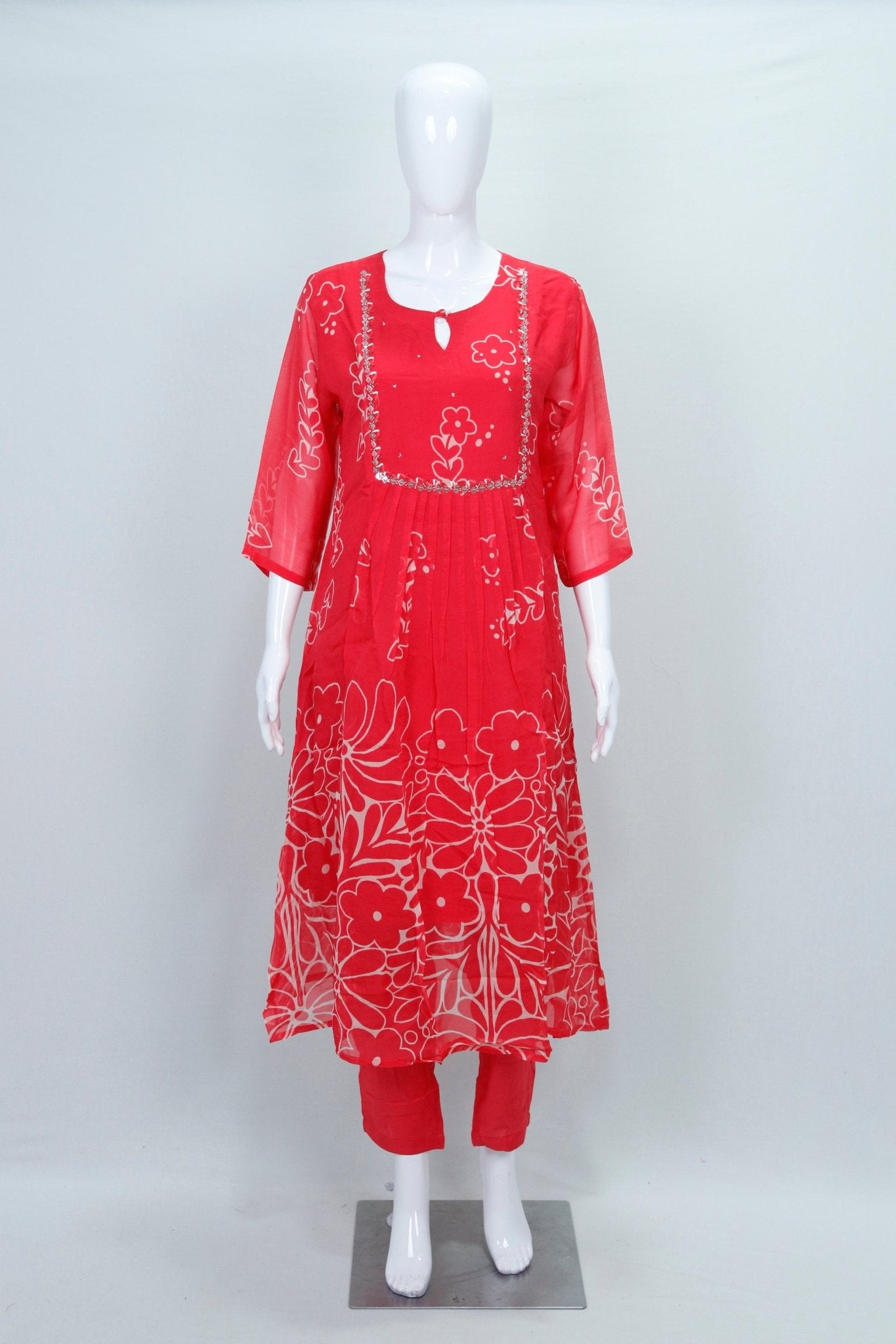 Bright Red Bandhani Printed Georgette Suit Set with Dupatta - Mangaldeep NX