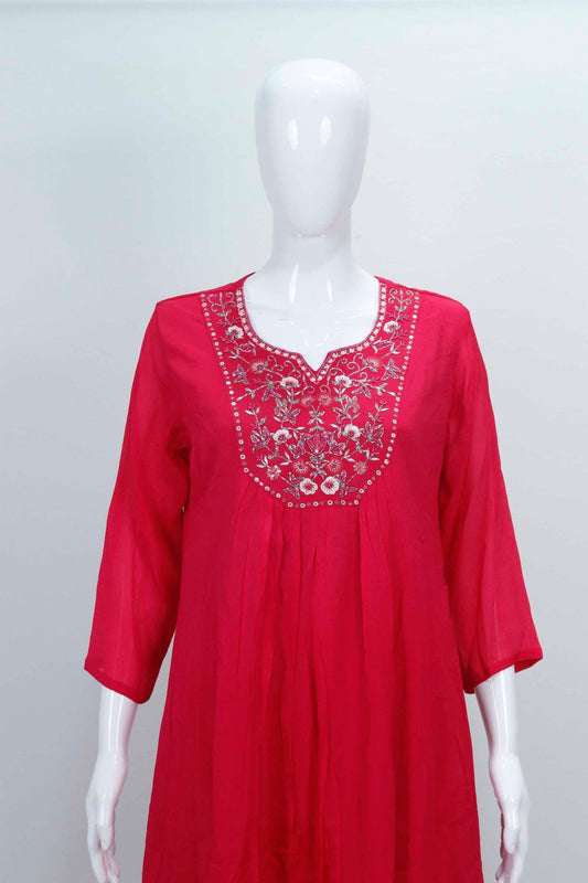 Bright Red Georgette Kurta Set with Mirror Work Embroidery and Matching Dupatta - Mangaldeep NX