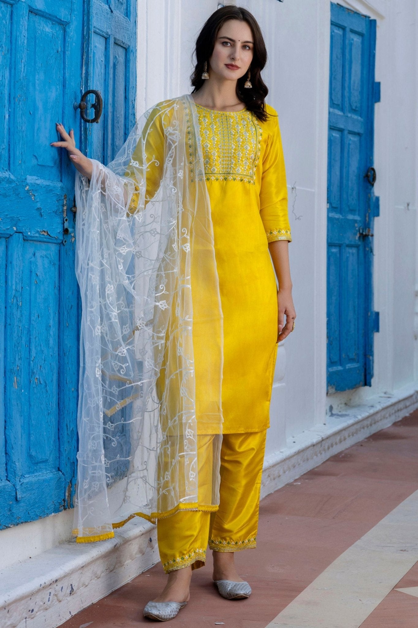 Bright Yellow Embroidered Pant Style Salwar Suit for Women with Dupatta - Mangaldeep NX