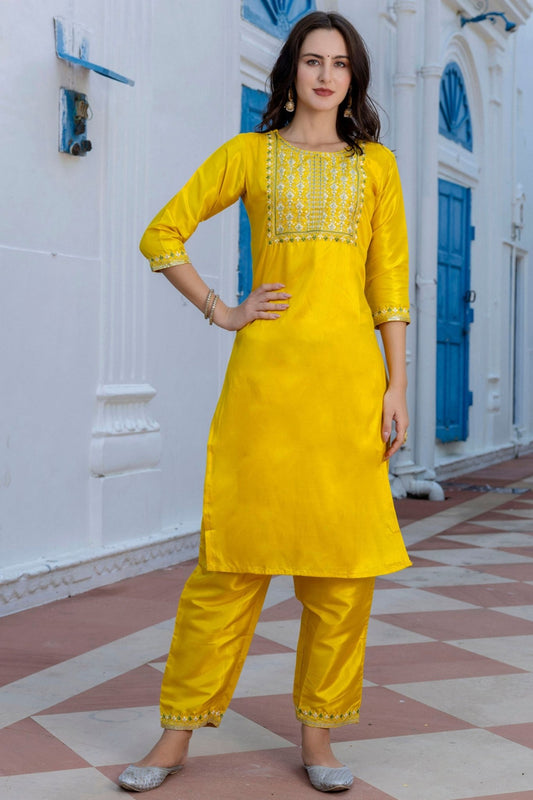 Bright Yellow Embroidered Pant Style Salwar Suit for Women with Dupatta - Mangaldeep NX