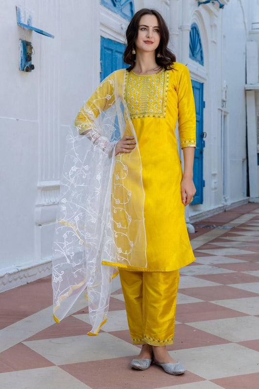 Bright Yellow Embroidered Pant Style Salwar Suit for Women with Dupatta - Mangaldeep NX