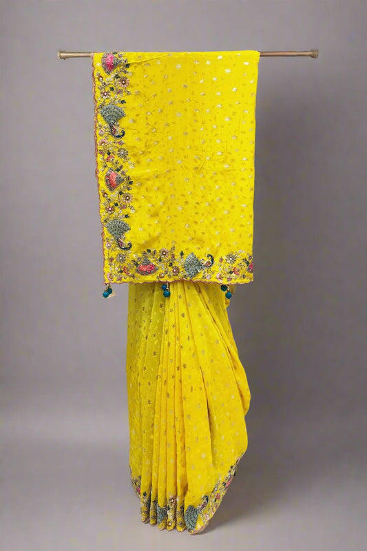 Bright Yellow Georgette Saree with Heavy Embroidered Border - Mangaldeep NX