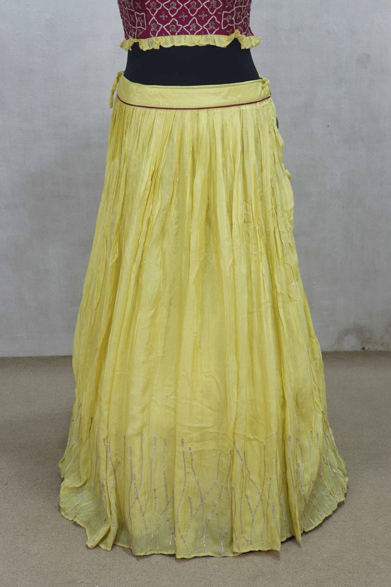 Bright Yellow Lehenga with Designer Maroon Crop Top and Bandhani Style Dupatta - Mangaldeep NX