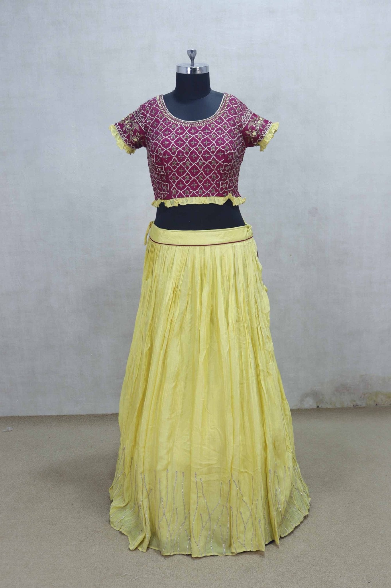 Bright Yellow Lehenga with Designer Maroon Crop Top and Bandhani Style Dupatta - Mangaldeep NX