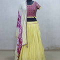 Bright Yellow Lehenga with Designer Maroon Crop Top and Bandhani Style Dupatta - Mangaldeep NX