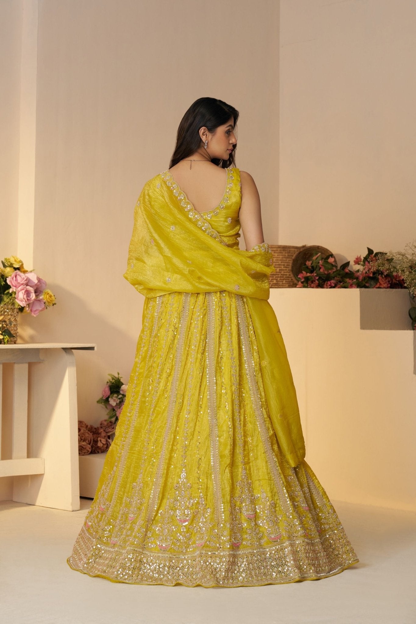 Bright Yellow Sequin Embroidered Lehenga Choli with Dupatta - Mangaldeep NX