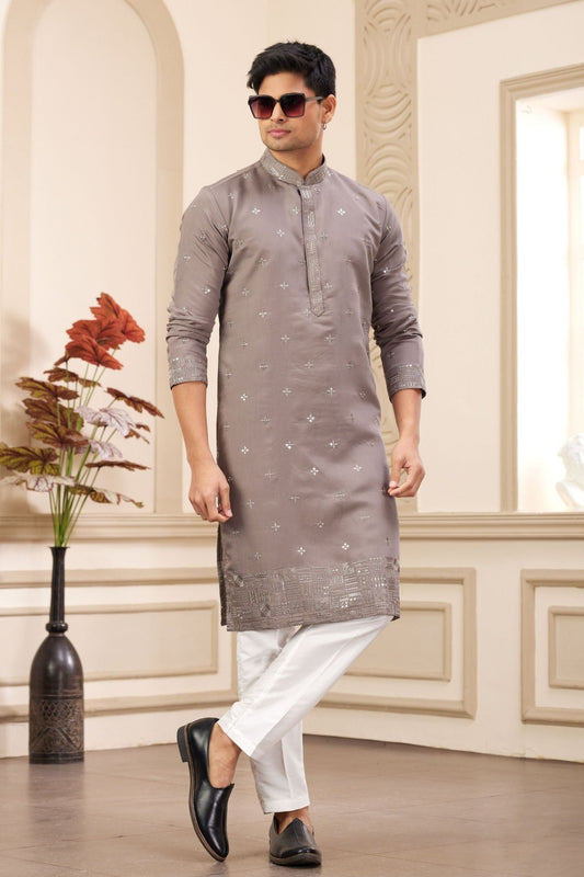 Brown Embroidered Kurta with White Churidar Pants for Men - Mangaldeep NX