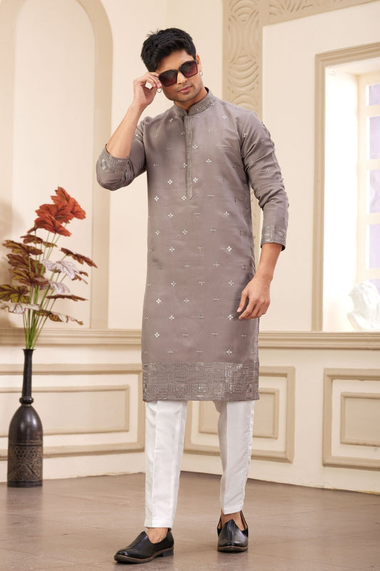 Brown Embroidered Kurta with White Churidar Pants for Men - Mangaldeep NX