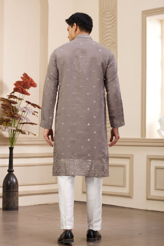Brown Embroidered Kurta with White Churidar Pants for Men - Mangaldeep NX