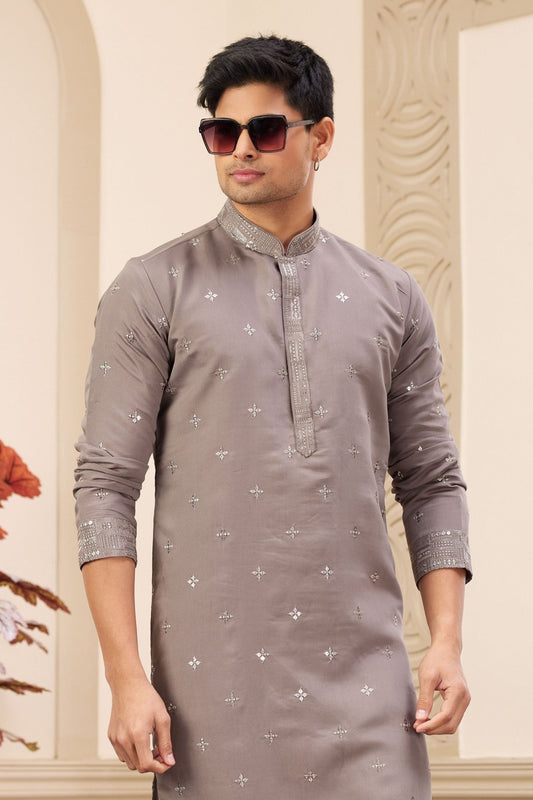 Brown Embroidered Kurta with White Churidar Pants for Men - Mangaldeep NX