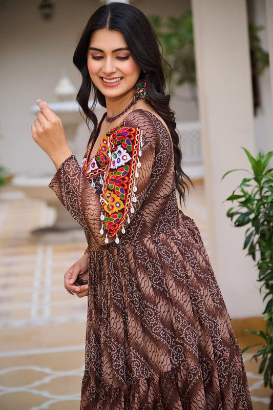 Brown Printed Cotton Gown with Multicolor Embroidered Yoke - Mangaldeep NX