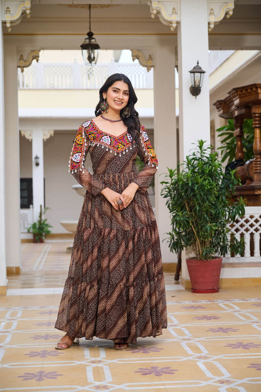 Brown Printed Cotton Gown with Multicolor Embroidered Yoke - Mangaldeep NX