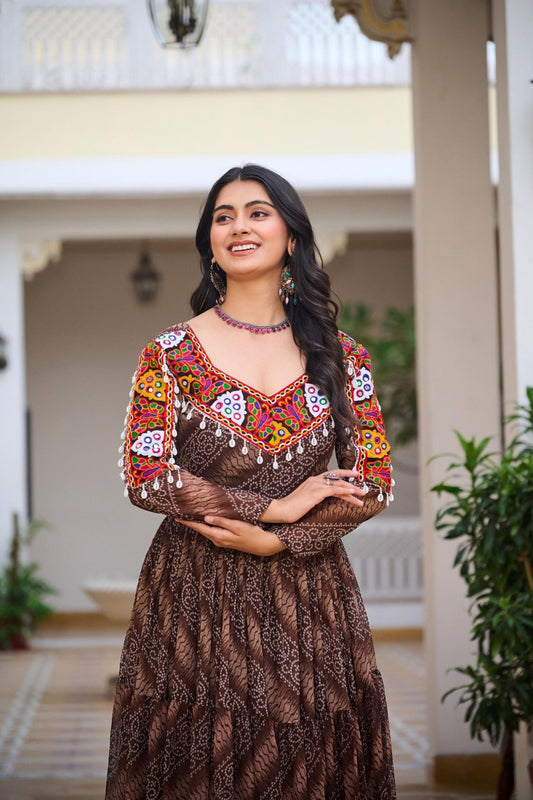 Brown Printed Cotton Gown with Multicolor Embroidered Yoke - Mangaldeep NX