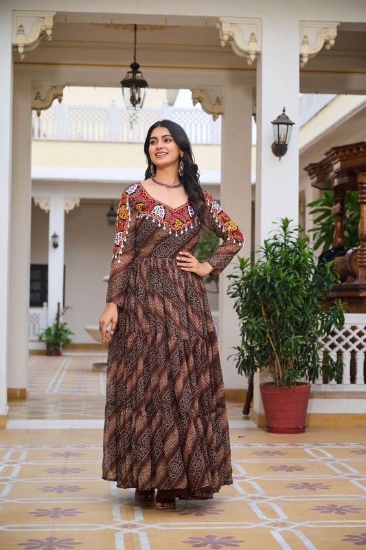 Brown Printed Cotton Gown with Multicolor Embroidered Yoke - Mangaldeep NX