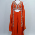 Burnt Orange Embroidered Georgette Palazzo Set with Cape and Bustier - Mangaldeep NX