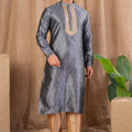 Charcoal Grey Textured Art Silk Kurta for Men with Beige Pyjama - Mangaldeep NX