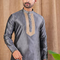 Charcoal Grey Textured Art Silk Kurta for Men with Beige Pyjama - Mangaldeep NX