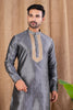 Charcoal Grey Textured Art Silk Kurta for Men with Beige Pyjama - Mangaldeep NX