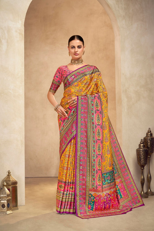 Charming Yellow and Pink Crepe Silk Saree with Traditional Floral Motifs - Mangaldeep NX
