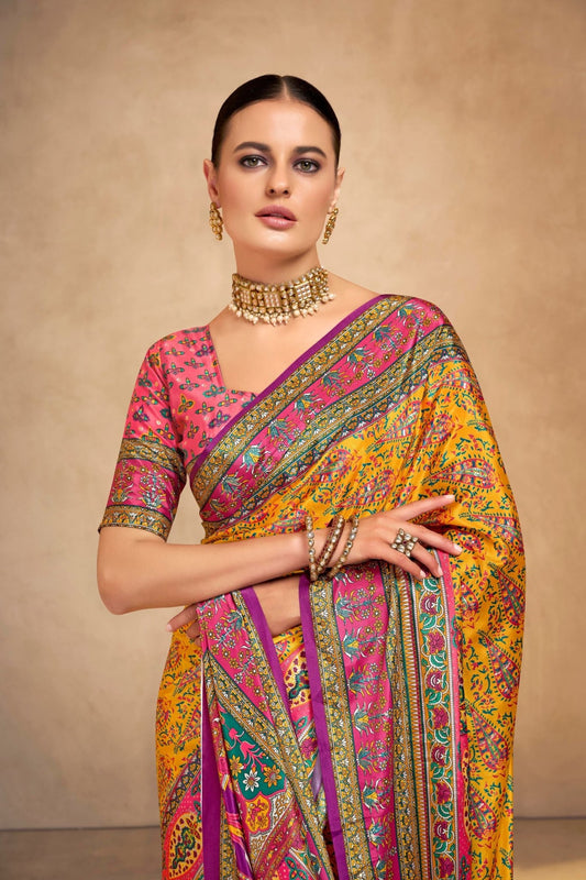 Charming Yellow and Pink Crepe Silk Saree with Traditional Floral Motifs - Mangaldeep NX