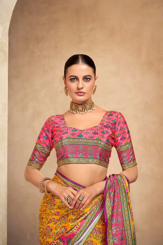 Charming Yellow and Pink Crepe Silk Saree with Traditional Floral Motifs - Mangaldeep NX