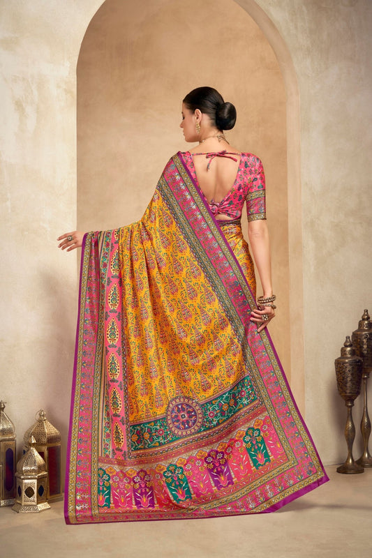 Charming Yellow and Pink Crepe Silk Saree with Traditional Floral Motifs - Mangaldeep NX