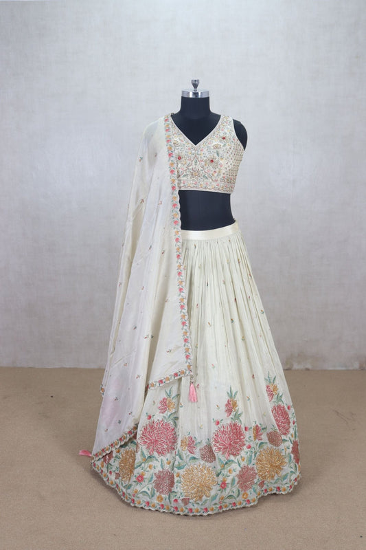 Classy Off - White Floral Embroidered Lehenga Choli - Mangaldeep NX