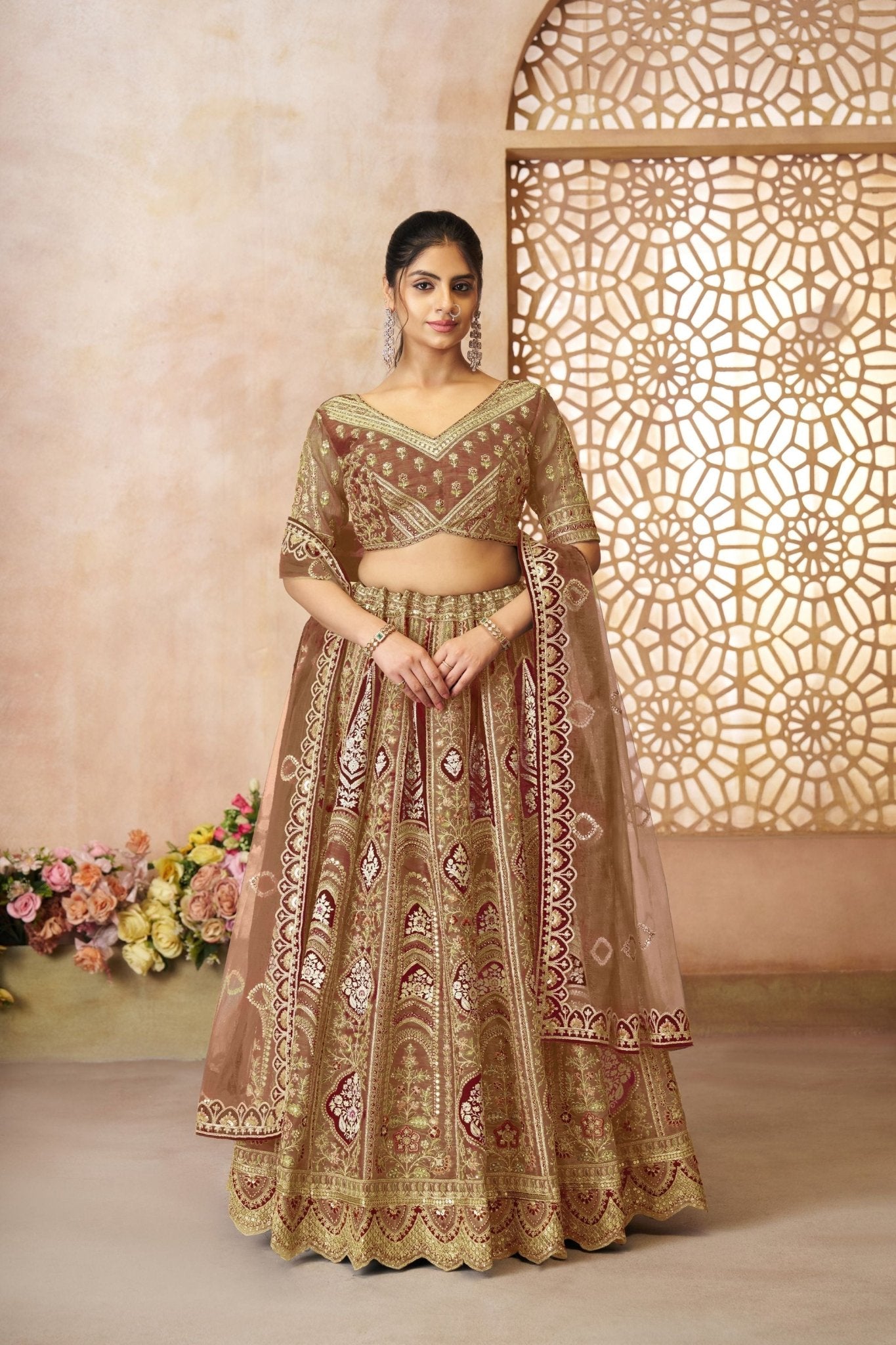 Coffee Brown Embroidered Net Lehenga Choli with Dupatta for Wedding & Festive Wear - Mangaldeep NX