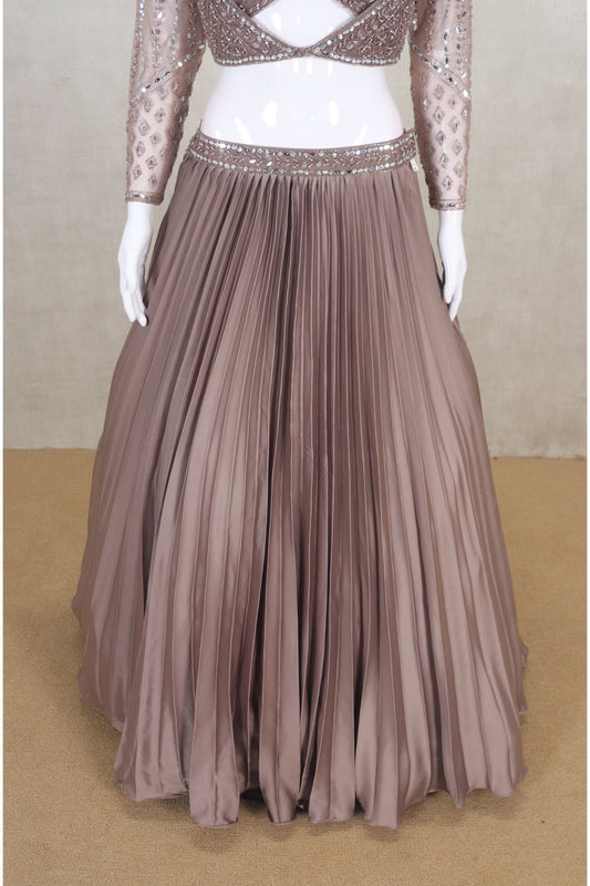 Coffee Brown Pleated Lehenga with Mirror Work Blouse - Mangaldeep NX