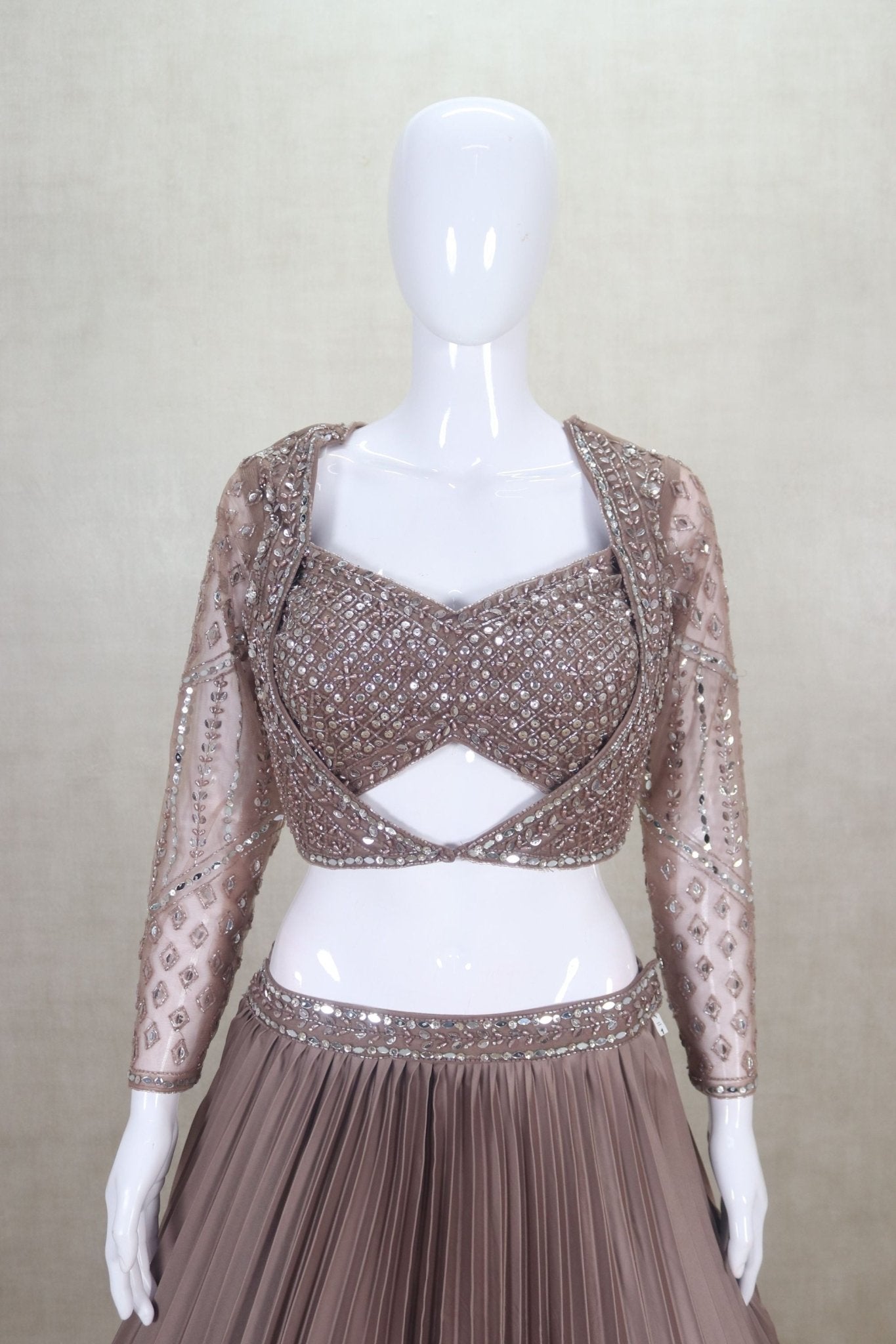 Coffee Brown Pleated Lehenga with Mirror Work Blouse - Mangaldeep NX
