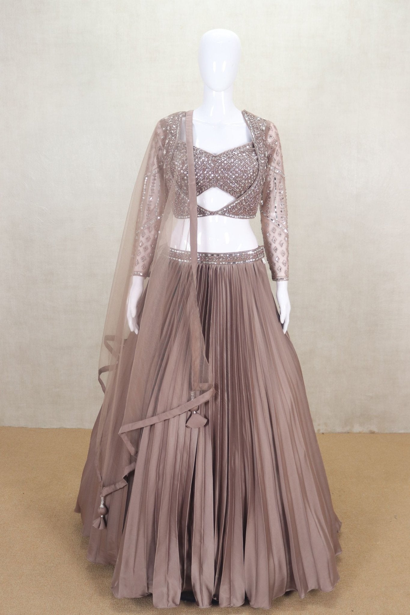 Coffee Brown Pleated Lehenga with Mirror Work Blouse - Mangaldeep NX