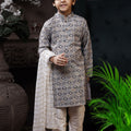 Comfortable Beige and Grey Printed Kurta Pyjama Set for Boys - Mangaldeep NX