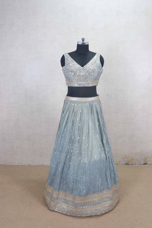 Cool Ice Blue Mirror Work Lehenga Choli with Dupatta - Mangaldeep NX