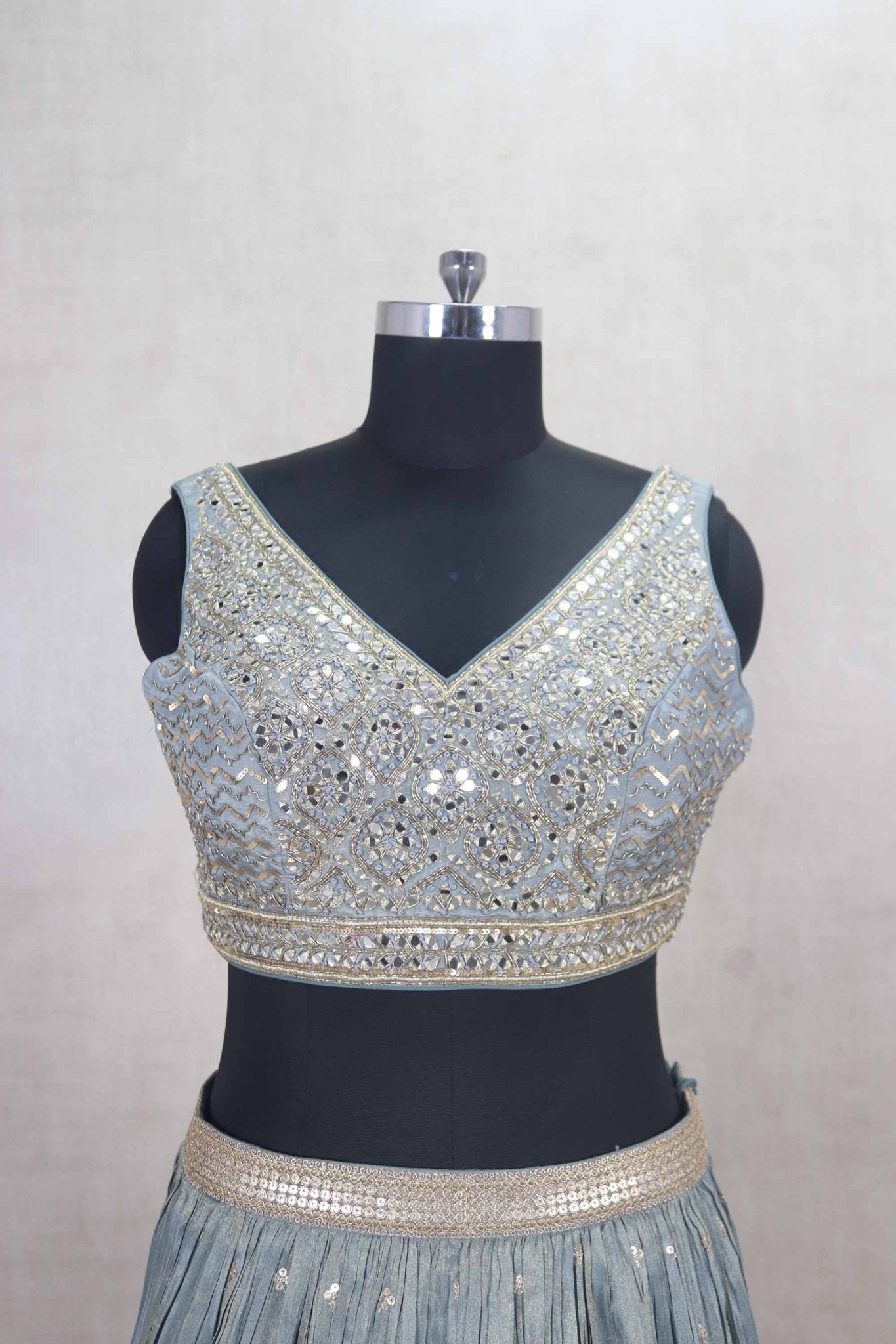 Cool Ice Blue Mirror Work Lehenga Choli with Dupatta - Mangaldeep NX