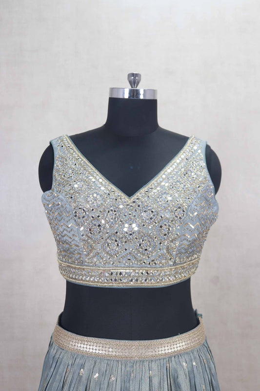 Cool Ice Blue Mirror Work Lehenga Choli with Dupatta - Mangaldeep NX