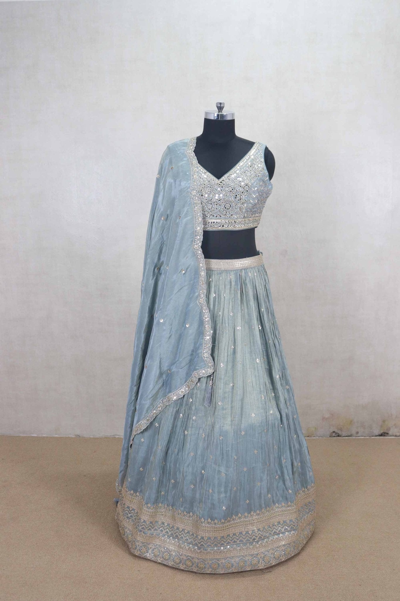 Cool Ice Blue Mirror Work Lehenga Choli with Dupatta - Mangaldeep NX