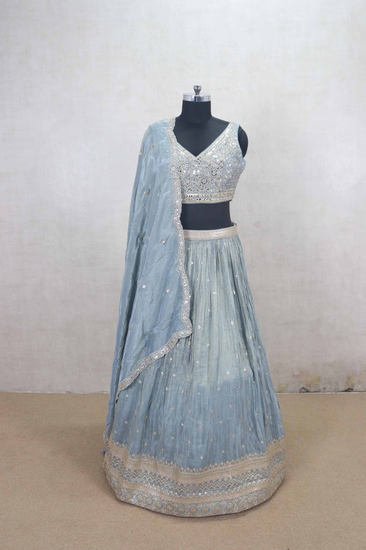 Cool Ice Blue Mirror Work Lehenga Choli with Dupatta - Mangaldeep NX