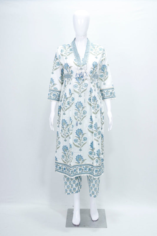 Cotton Floral Printed White Blue Kurta Set with Dupatta - Mangaldeep NX