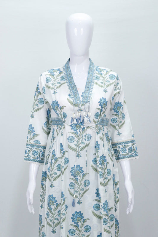 Cotton Floral Printed White Blue Kurta Set with Dupatta - Mangaldeep NX