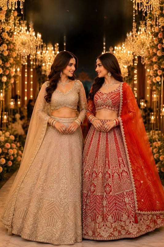 Elegant Beige Net Embroidered Bridal Lehenga Choli with Designer Dupatta for Wedding