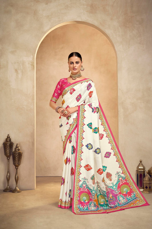 Cream Bandhani Printed Saree with Multicolor Peacock Motifs and Pink Border - Mangaldeep NX
