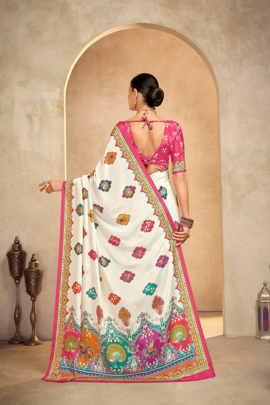Cream Bandhani Printed Saree with Multicolor Peacock Motifs and Pink Border - Mangaldeep NX