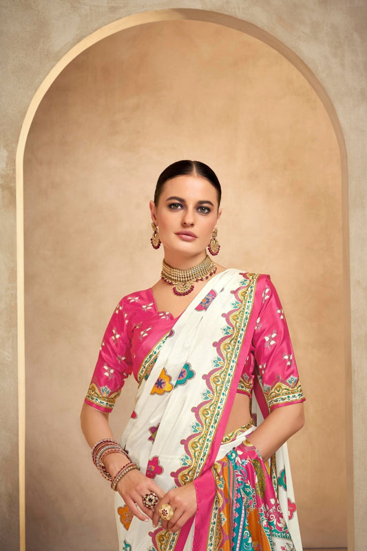 Cream Bandhani Printed Saree with Multicolor Peacock Motifs and Pink Border - Mangaldeep NX
