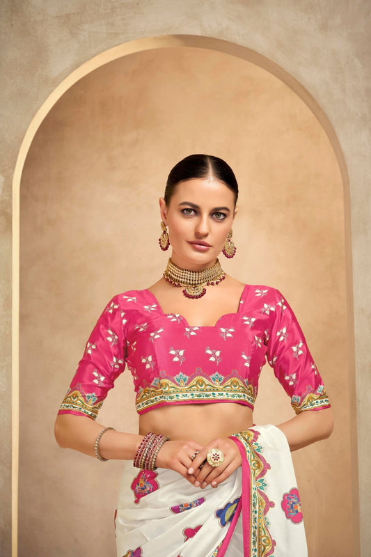 Cream Bandhani Printed Saree with Multicolor Peacock Motifs and Pink Border - Mangaldeep NX