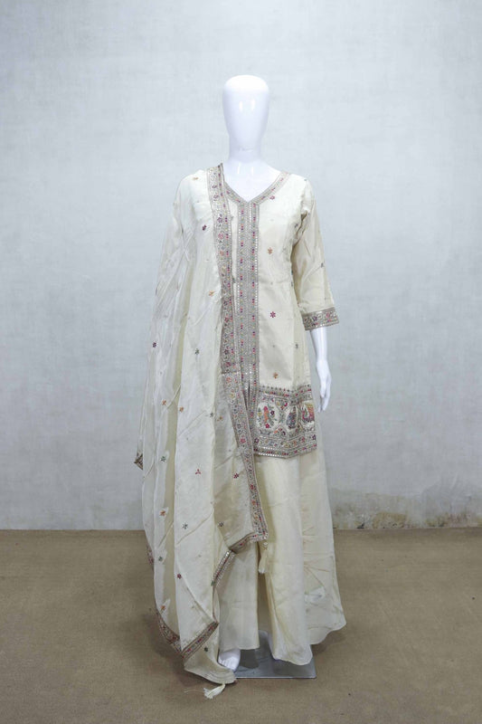 Cream Embroidered Kurta with Folk Motif Border, Palazzo Pants and Dupatta Set - Mangaldeep NX