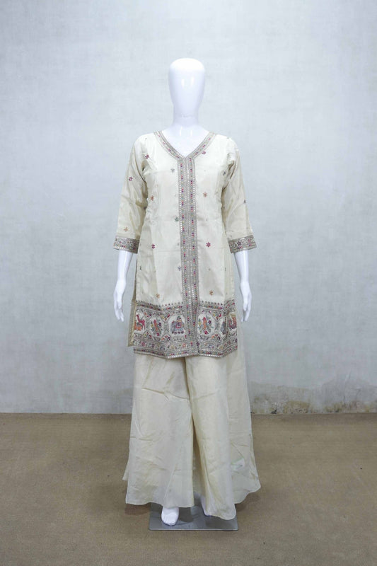 Cream Embroidered Kurta with Folk Motif Border, Palazzo Pants and Dupatta Set - Mangaldeep NX