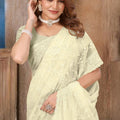Cream Floral Embroidered Net Saree with Matching Blouse Piece - Mangaldeep NX