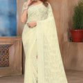 Cream Floral Embroidered Net Saree with Matching Blouse Piece - Mangaldeep NX