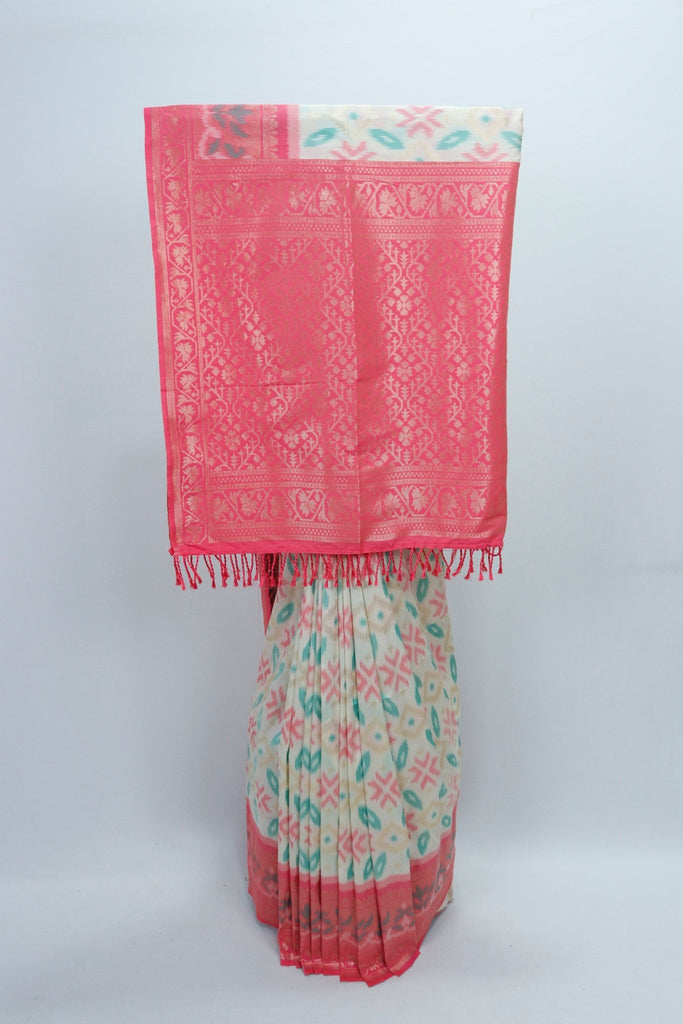 Cream Ikat Print Saree with Contrasting Pink Banarasi Woven Pallu and Border - Mangaldeep NX